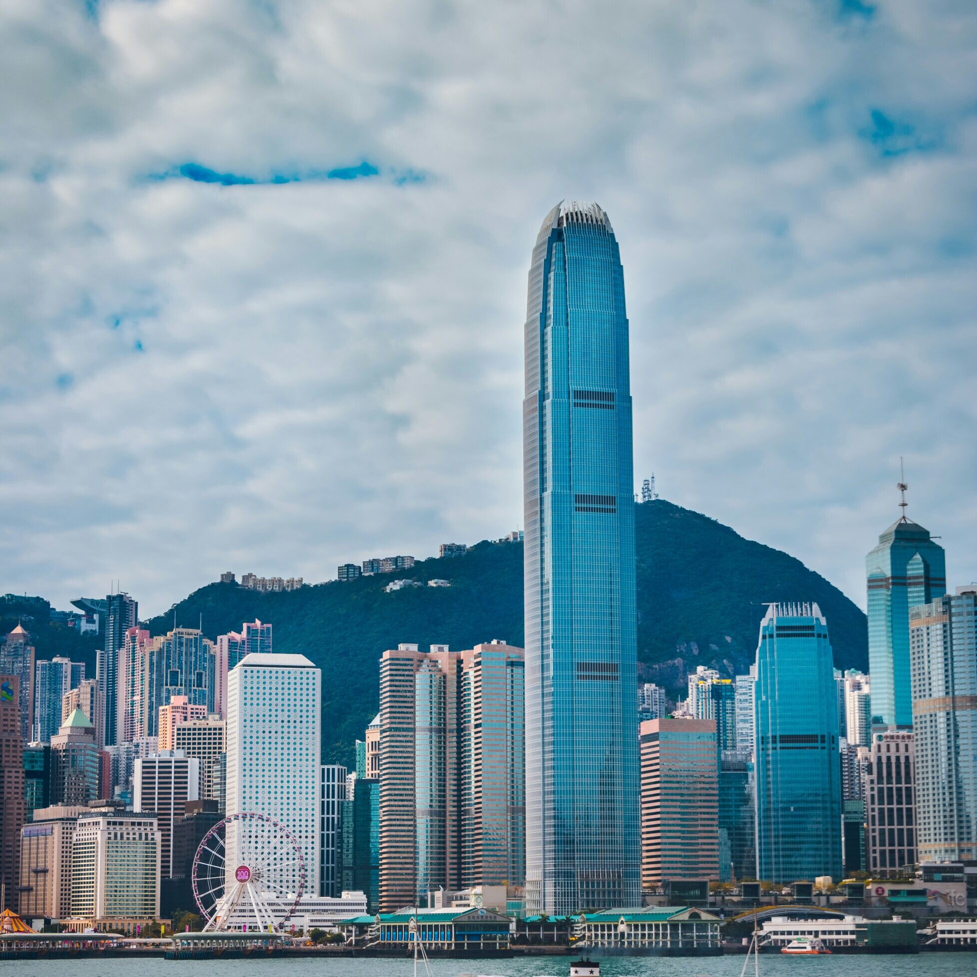 View of Hong Kong bay with a junk boat
