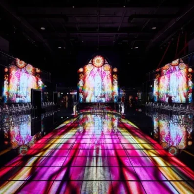 Light reflecting through pink windows in a museum