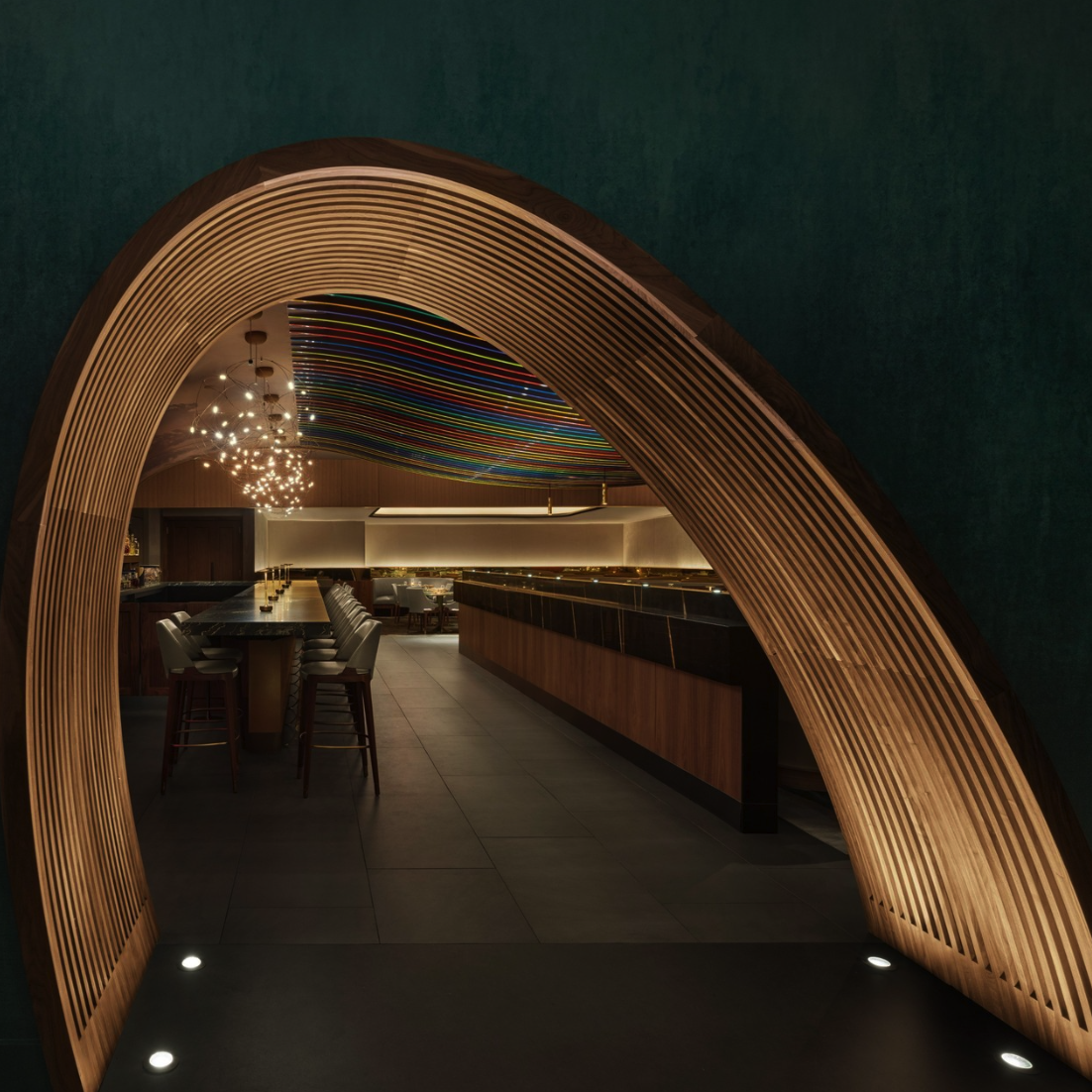 Indoor restaurant with low lighting and luxury design
