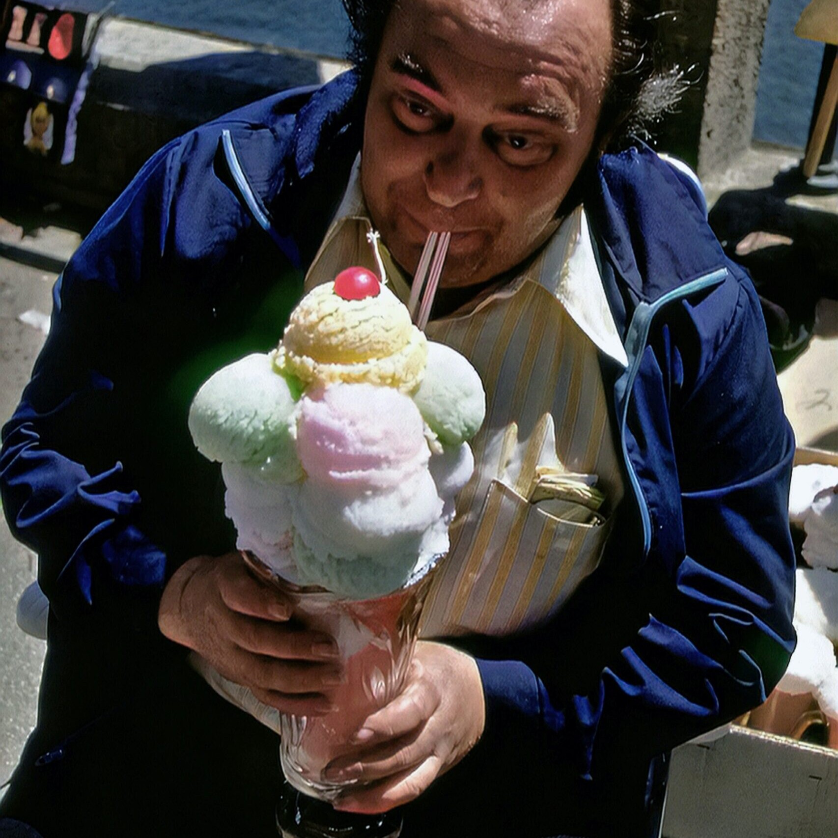 Man in blue jacket eating a giant ice cream